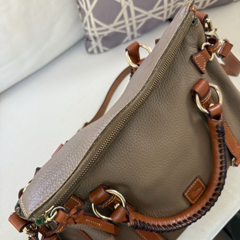 Dooney Bourke Florentine Vachetta Trim Pebble Leather Taupe Tan Satchel - Picture 7 of 10